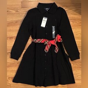 Polo Ralph Lauren Pique Knit Polo Dress Girls Black Tartan Plaid Waist Tie, XL